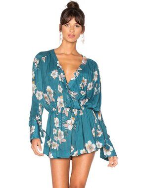 Free People Tuscan Dreams Printed Tunic Top Teal & Tan Size Small